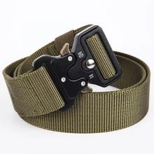 Detailed view of heavy-duty military green tactical nylon belt with black metal cobra buckle