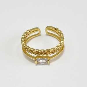 Minimalist double layer gold ring with rectangular zircon and bead texture detail