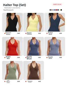 Halter neck brushed yoga set available in eight colors including black, yellow, and blue