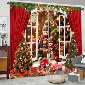Close-up of festive Christmas curtain with snowmen, trees, and Merry Christmas text