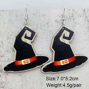 Close-up of black witch hat earrings with red band detail for Halloween style