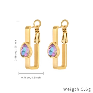 Detail view of gold star earrings featuring pear-cut colorful zircons with size specs