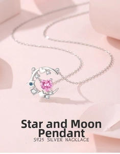 Macro detail of S925 sterling silver moon and pink heart zircon pendant necklace