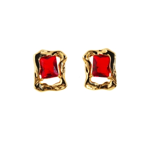 French vintage red enamel earrings with square zircon and gold-toned irregular frame