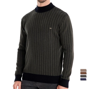 Men's slim-fit mock neck striped sweater in olive green and black ribbed knit