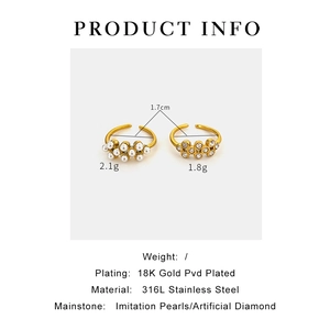 Detailed view of 18K gold plated stainless steel ring set with pearl and zircon specifications