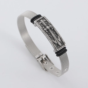 Men's stainless steel mesh bracelet with gothic cross relief and adjustable buckle
