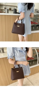 Detail of dark brown leather handbag with gold plaque and smooth top handles