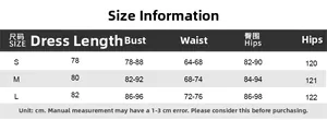 Size chart for slim fit long sleeve mini dress detailing length bust and waist measurements