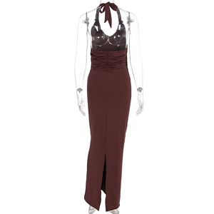 Detail view of backless deep brown halter dress with ruched waist and back slit