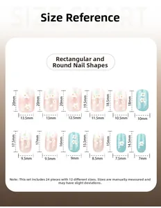 Size chart showing 12 sizes of long square press-on nails with floral gradient design