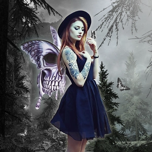 Gothic Halloween butterfly skull wings with black dress and wide-brimmed hat costume