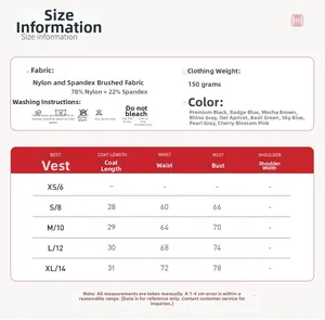 Guide des tailles pour ensemble de yoga taille haute en tissu brossé nylon et élasthanne