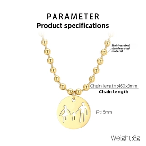 Detail of golden stainless steel necklace with 15mm round family silhouette pendant