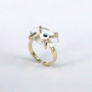 Handmade golden adjustable evil eye ring with clear glass stone in bohemian style