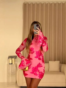 Pink floral embroidery long sleeve mini dress with flared sleeves and slim fit design