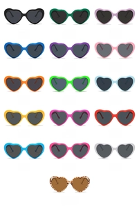 Grid showing sixteen assorted colors of heart-shaped sunglasses on white backdrop