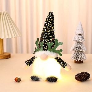 Gnome de Noël lumineux avec paillettes or noir et barbe LED pour décor de fête chaleureux