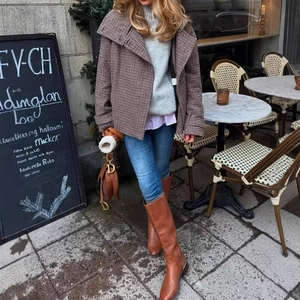 Women's autumn brown houndstooth short coat with lapel collar and grey turtleneck