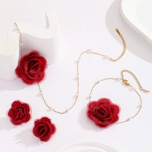 Elegant 18K gold plated stainless steel jewelry set with red fabric roses and pearls
