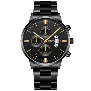Business men's black quartz watch with stainless steel band and golden indices