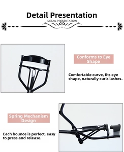 Close-up of black metal eyelash curler with spring-loaded design and rubber pad detail