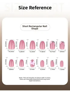Detailed size chart for short rectangular French bow press-on nails with measurements