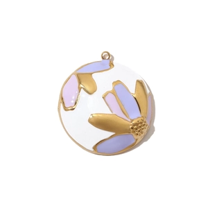 Detail of round titanium steel floral pendant with purple enamel petals and gold finish