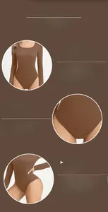 Detail of brown long-sleeve bodysuit showing wide crotch area and ribbed texture