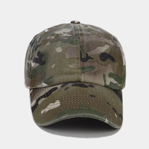 Close-up of camo baseball cap with curved brim and reinforced stitching details