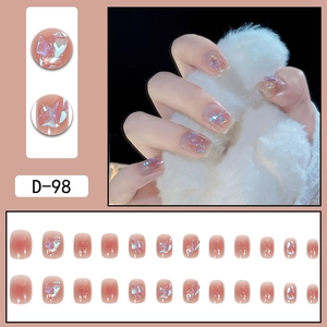 Short square pink cat-eye press-on nails with blue rhinestones and glitter 24pcs set