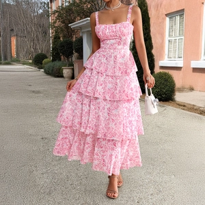 Pink floral chiffon tiered maxi dress with spaghetti straps and layered ruffle skirt
