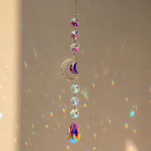 Silver galaxy moon suncatcher with AB crystal prism casting rainbow reflections