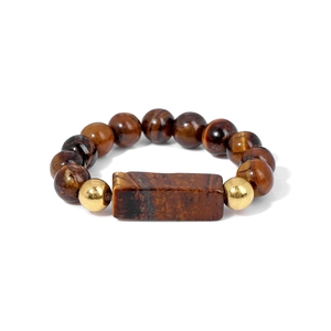 Handmade 4mm natural stone beaded ring with tiger eye focal stone and gold metal accents