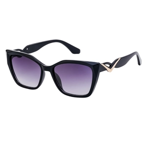 Fashionable black cat eye sunglasses with purple gradient lenses and gold V detail