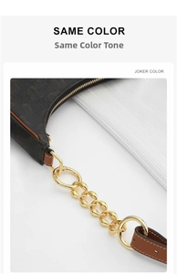 Macro shot of gold chain strap and brown monogram leather detail on a shoulder bag