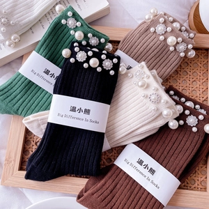 Women's knit mid-calf socks with luxury pearls and rhinestones decoration in multiple colors