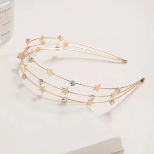 Detail of a triple-layered golden headband featuring metallic stars and crystals