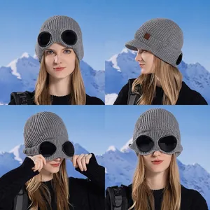 Goggle Beanie Hat Acrylic Knit Fleece Lined Windproof Warm Winter Outdoor Skiing Pilot Style For Women Men Adults