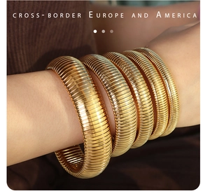 Close-up of five-piece chunky gold grooved bangle set with polished metallic texture