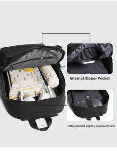 Detail der mehrschichtigen Innenfächer und des gestreiften Futters des schwarzen Laptop-Rucksacks