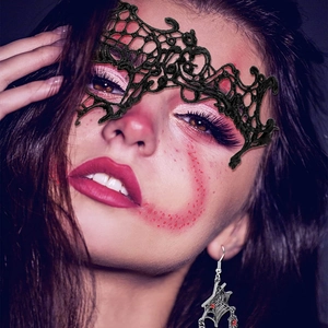 Gothic black lace phoenix mask with silver spider web earrings and red crystal accents