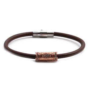 Brown leather cord bracelet with rose gold zircon charm and silver magnetic clasp