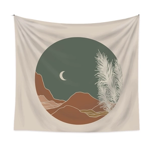Bohemian wall tapestry with mountain and moon landscape on cream fabric background