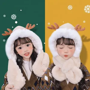 Winter baby beige plush hooded scarf with reindeer antlers and faux fur trim protection
