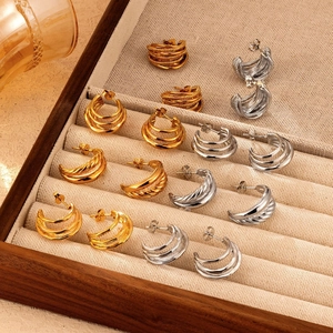Vintage Multi Layered C Hoop Earrings Stainless Steel 18K Gold Plated Geometric U Shape Fashion Jewelry For Women Retro