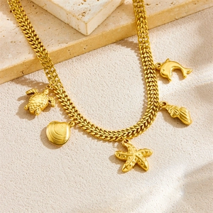 Gold plated stainless steel ocean theme necklace with starfish and turtle pendants