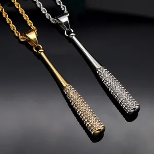 Hip Hop Baseball Bat Pendant Necklace Rhinestone Inlaid Titanium Steel Sport Style Trendy Neck Jewelry For Men