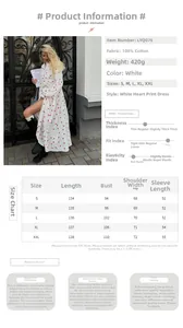 Tableau des tailles pour robe longue en coton à imprimé cœur avec mesures de buste et manches