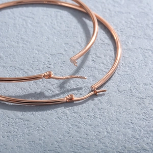 Classic rose gold stainless steel hoop earrings with hinge closure on grey surface